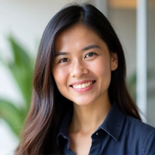 Professional portrait of Dr. Anya Wijaya, a friendly and knowledgeable female nutritionist, smiling confidently.