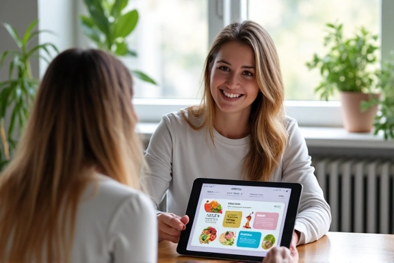 Nutritionist consulting with a client, showing a healthy meal plan