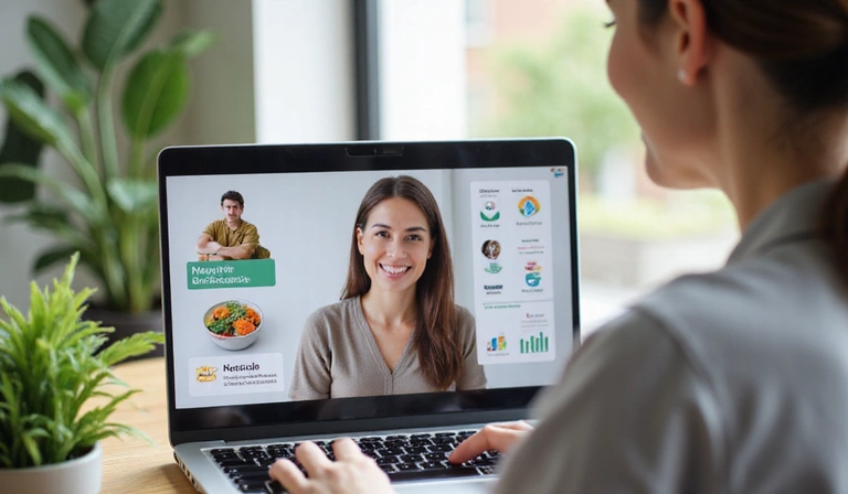 A nutritionist conducting an online consultation with a client on a laptop, showing a virtual meeting screen with charts and healthy food icons.